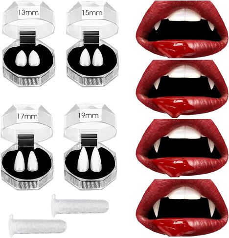 أسنان أنياب مصاصي الدماء من amaxiu، أسنان وهمية لأسنان مصاصي الدماء الهالوين مع 2 أنبوب لاصق للأسنان دعائم أنياب حفلات الهالوين التنكرية (4 أزواج، 13/15/17/19 مم، عبوة صندوق) in Kuwait