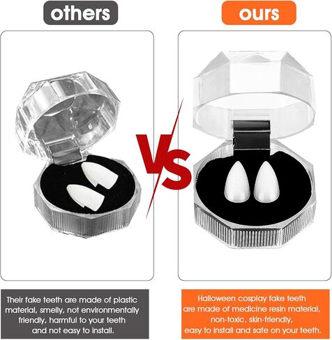 أسنان أنياب مصاصي الدماء من amaxiu، أسنان وهمية لأسنان مصاصي الدماء الهالوين مع 2 أنبوب لاصق للأسنان دعائم أنياب حفلات الهالوين التنكرية (4 أزواج، 13/15/17/19 مم، عبوة صندوق) in Kuwait