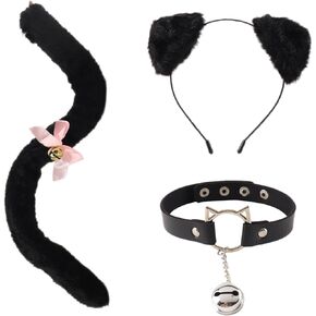 3PCS Cat Costume Accessories, Cat Ears Headband Cat Tail Necklace Black Halloween Costume Accessories Kit for Women Girl Cosplay