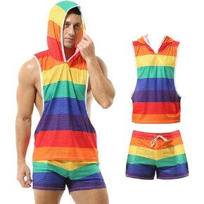 Rainbow Tank Top for Men Sexy Mesh Pride Outfits Y-back Muscle Workout Tops Sleeveless Hoodie Suit