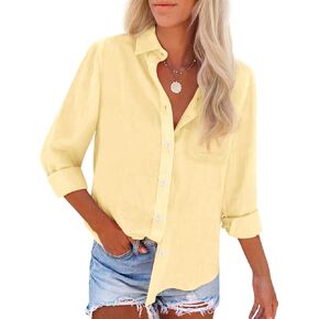 Womens Button Down Shirts Cotton Dress Shirts Oxford Shirts Long Sleeve Work Blouses Collared Tops Tunics with Pocket in Saudi Arabia