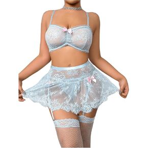 SHENHE Women's Plus Size 5 Piece Lingerie Lace Sheer Mesh Bra Thong Skirt Garter and Stockings Set