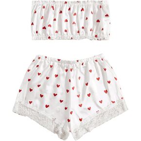 GORGLITTER Women's 2 Piece Lingerie Set Heart Print Satin Bandeau Bra Top with Shorts Sets