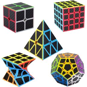 Speed Cube Set, Speed Cube Bundle of 2x2 4x4 Megaminx Pyramid Cube and Twist Cube Smoothly Carbon Fiber Sticker Magic Cubes Collection for Kids & Adults [5 Pack]