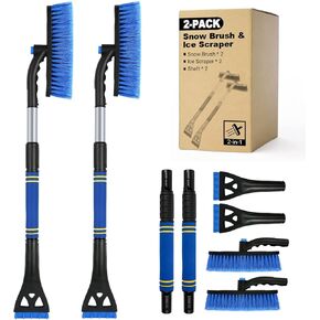 Ice Scrapers for Car Windshield, 2-in-1 Snow Scraper and Snow Brush for Car SUV Truck, Car Ice Windshield Scraper for Ice and Snow with 360° Pivoting Brush and Ergonomic Foam Grip Blue 2PCS