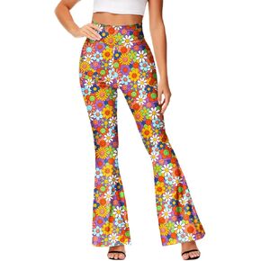 Deerose 70s Bell Bottom Pants for Women Hippie Floral Print Legging High Waisted Boho Flare Pants 2XL
