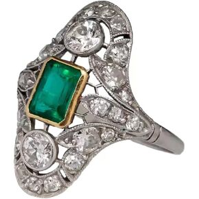 Vintage Floral Finger Court Style Ring,Long Oval Shape Simulation Emerald Stone Round Cut Cubic Zirconia Ring Anniversary Bridal Jewelry Gifts