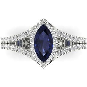 Clara Pucci 1.14ct Marquise Cut Solitaire accent split shank Halo Blue Sapphire Designer Wedding Anniversary Bridal Ring 14k White Gold