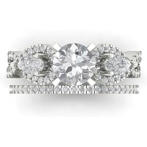 Clara Pucci 2.0ct Round Pear cut Custom Engraving 3 STONE Moissanite Engagement Art Deco Everlasting Ring Solid 14k White Gold Size 10