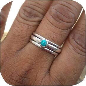 Vintage Round Synthetic Turquoise 925 Sterling Silver Ring Band Engagement Wedding Promise Bands with Blue Turquoise Stackable Multilayer Rings for Her 10#