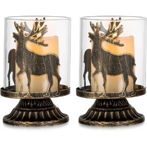 Sziqiqi Christmas Reindeer Candle Holders - Rustic Gold Deer Decor Hurricane Candle Holder Set of 2 Decorative Candleholder for Xmas Table Centerpieces Fireplace Decoration