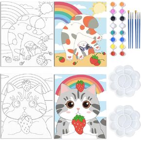 WEBEEDY 2 Pack 8x10 Inch Pre Drawn Canvas Pre Printed Canvas Set Cute Animals Painting Canvas Coloring Painting Canvas Set for Beginner Artist,Easy Acrylic Paint with Paints and Brushes Cat Rainbow