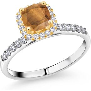 Gem Stone King 1.72 Cttw 6MM Cushion Cut Brown Tiger Eye and White Created Sapphire Engagement Ring | 925 Silver and 10K Yellow Gold | Wedding Anniversary Promise Ring For Women
