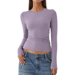 REORIA Womens Fashion Long Sleeve Shirts Crew Neck Layering Basic Tee Slim Fitted Lightweight Going Out Tops
