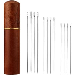 12pcs Self Easy Threading Needles, 3 Sizes Top Hanging Needles Embroidery Needles Large Eye Sewing Knitting Needles Kit with Sandalwood Needle Box Hand Sewing Needles for DIY Sewing Projects (Silver)