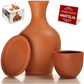 Clay Water Pitcher with Cup, Clay Water Pot for Drinking, Terracotta Mud Jugs with Mug and Platter, Earthen Water Carafe Set, Pottery Jar for Drinking Water, 76 oz