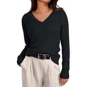 LILLUSORY Women's Cable Knit V Neck Sweater Soft Vintage Trendy Cute Pullover Sweaters