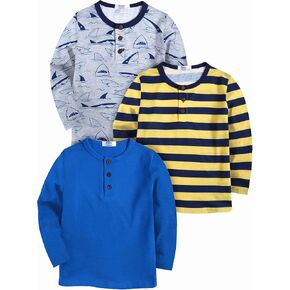 Boyoo Toddler Boys 3 Pack Long Sleeve Henley Shirt Cotton Graphic Tee Shirt for 2-7Years