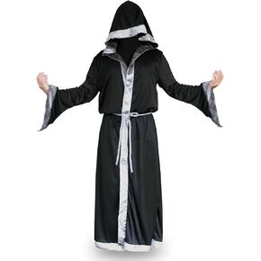 Men Wizard Robe with Hood Wizard Costume Black Cloak with Belt for Halloween Costumes