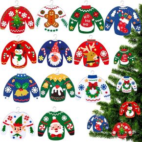 12 Pcs DIY Ugly Sweater Ornament Craft Kits Kids Christmas Gift Toy Felt Hanging Sweater Ornaments for Christmas Tree Xmas Party Decoration