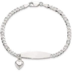 925 Sterling Silver Curb Link ID Heart Love Dangling Chain Charm Bracelet