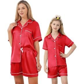 QZH. DUAO Girls & Women's Short Sleeve Satin Pajamas Set Silky 2Pcs Sleepwear, 3 Years - 2XL