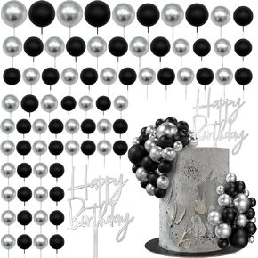 75 PCS Black and Gold Cake Decorations Balls Cake Topper Happy Birthday Cake Insert Pick for DIY Cake Decoration Baby Shower Wedding Birthday Party (Black and Gold)