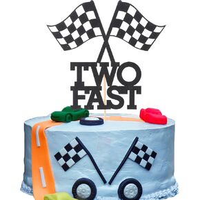 Two Fast Birthday Cake Topper - Race Car Theme 2nd Birthday Party Decoration, Boy Girl Second Birthday Flag Sign Supplies