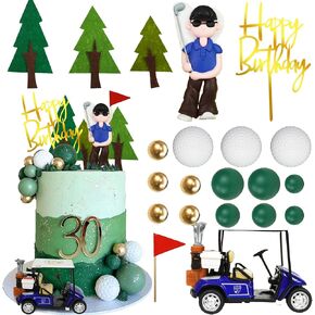 Golf Cake Toppers Golf Carts Clay Golf Figurine Cake Decorations with Green Gold Balls Red Flag Trees for Golf Party Sport Theme Party Birthday Party Supplies (01)