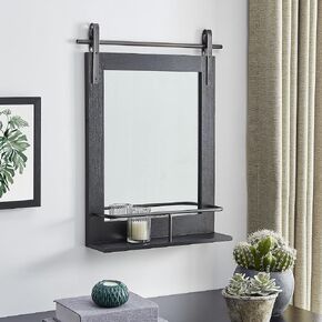 FirsTime & Co. Dark Brown Ingram Barn Door Wall Mirror With Shelf, Vintage Decor for Bedroom and Bathroom Vanity, Wood, Farmhouse, 24.75 x 19.75 Inches