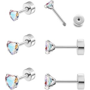 3 Pairs Flat Back Stud Earrings Set, Hypoallergenic Surgical Steel Earrings Cubic Zirconia Earrings Studs Opal Earrings Screw Back Earrings for Women Men 3-5mm Gold/Silver