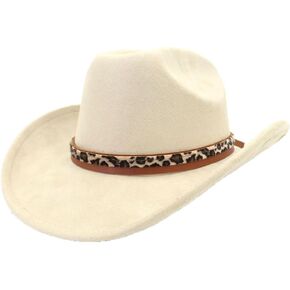 Classic Suede Cowboy Hat for Adult Wide Brim Western Cowgirl Hat Women Fedora Hat with Leopard Print Hatband