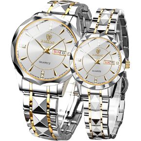 Valentines Couple Pair Watches Men and Women Luminous Calendar Waterproof Gold Silver Stainless Steel Quartz Watch Blue Face his and Hers Watches Set Lovers Set of 2