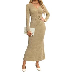 Zattcas Womens 2024 Fall Winter Bodycon Maxi Dress Casual Long Sleeve Ruched V Neck Texture Knit A-Line Long Dresses