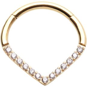 Pierced Owl 16GA Gold Plated Stainless Steel CZ Crystal Lined V-Shaped Hinged Segment Clicker Ring