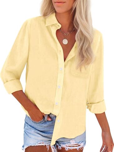 Womens Button Down Shirts Cotton Dress Shirts Oxford Shirts Long Sleeve Work Blouses Collared Tops Tunics with Pocket in Saudi Arabia