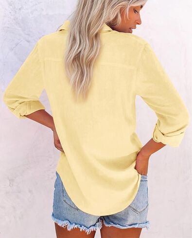 Womens Button Down Shirts Cotton Dress Shirts Oxford Shirts Long Sleeve Work Blouses Collared Tops Tunics with Pocket in Saudi Arabia