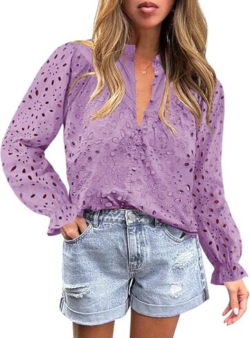 ZESICA Women's Casual Blouse Tops Puff Long Sleeve Button V Neck Hollow Out Eyelet Lace Embroidered 2024 Shirt Dressy in Saudi Arabia
