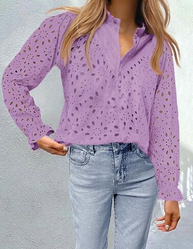 ZESICA Women's Casual Blouse Tops Puff Long Sleeve Button V Neck Hollow Out Eyelet Lace Embroidered 2024 Shirt Dressy in Saudi Arabia