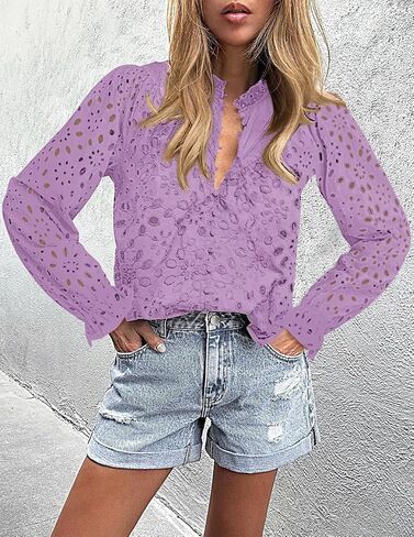 ZESICA Women's Casual Blouse Tops Puff Long Sleeve Button V Neck Hollow Out Eyelet Lace Embroidered 2024 Shirt Dressy in Saudi Arabia