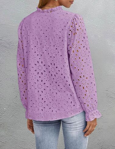 ZESICA Women's Casual Blouse Tops Puff Long Sleeve Button V Neck Hollow Out Eyelet Lace Embroidered 2024 Shirt Dressy in Saudi Arabia