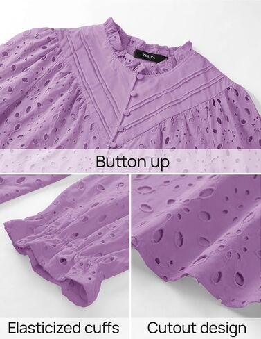 ZESICA Women's Casual Blouse Tops Puff Long Sleeve Button V Neck Hollow Out Eyelet Lace Embroidered 2024 Shirt Dressy in Saudi Arabia