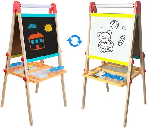 Kids Art Easel with Paper Roll, Foldable Wooden Easel for Toddlers, All-in-one Painting Easel for 2-12 Years Children, Height Adjustable Double Sided Kids Easel in Saudi Arabia
