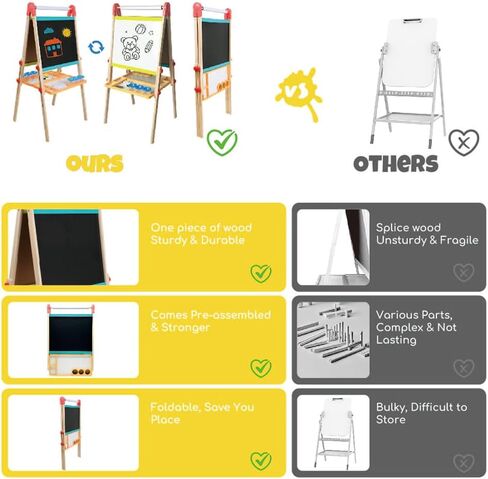 Kids Art Easel with Paper Roll, Foldable Wooden Easel for Toddlers, All-in-one Painting Easel for 2-12 Years Children, Height Adjustable Double Sided Kids Easel in Saudi Arabia