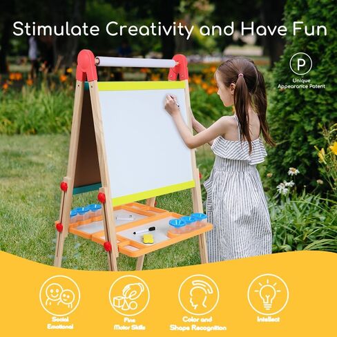 Kids Art Easel with Paper Roll, Foldable Wooden Easel for Toddlers, All-in-one Painting Easel for 2-12 Years Children, Height Adjustable Double Sided Kids Easel in Saudi Arabia