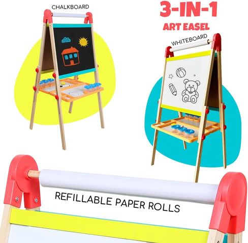 Kids Art Easel with Paper Roll, Foldable Wooden Easel for Toddlers, All-in-one Painting Easel for 2-12 Years Children, Height Adjustable Double Sided Kids Easel in Saudi Arabia