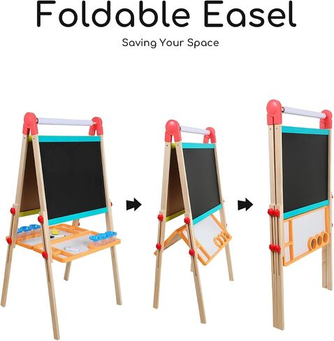Kids Art Easel with Paper Roll, Foldable Wooden Easel for Toddlers, All-in-one Painting Easel for 2-12 Years Children, Height Adjustable Double Sided Kids Easel in Saudi Arabia