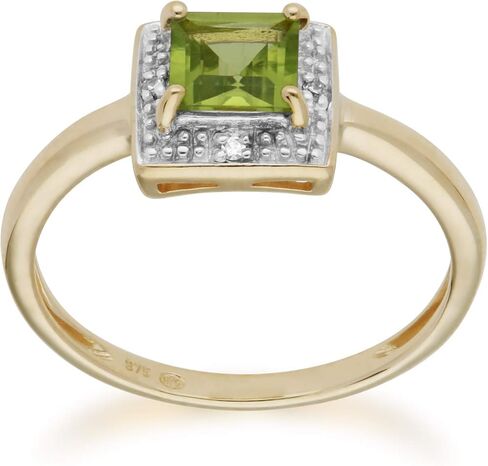 Yellow Gold 9K Square Peridot 5 mm and Round Diamond Promise Ring Contemporary Design for Women August Birthstone Engagement in Kuwait