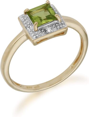 Yellow Gold 9K Square Peridot 5 mm and Round Diamond Promise Ring Contemporary Design for Women August Birthstone Engagement in Kuwait