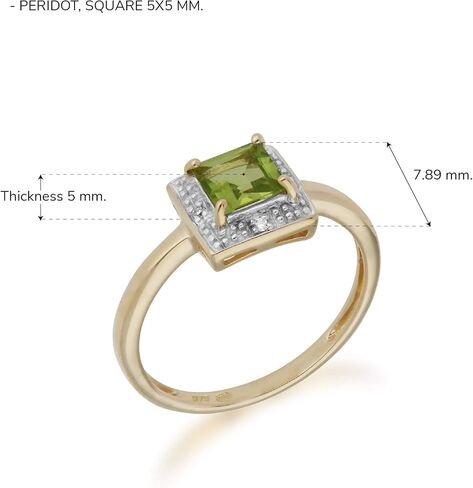 Yellow Gold 9K Square Peridot 5 mm and Round Diamond Promise Ring Contemporary Design for Women August Birthstone Engagement in Kuwait